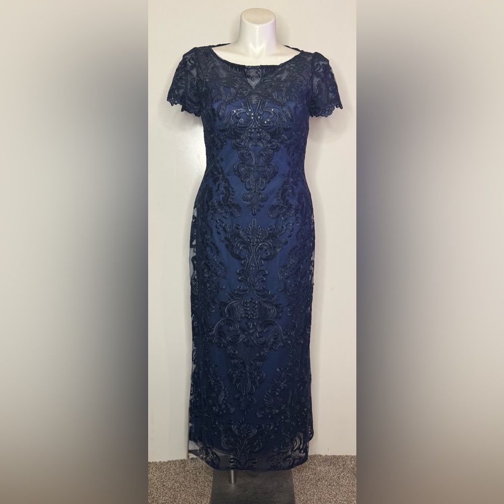 La Femme Navy Embellished sequined A-Line Gown Dress